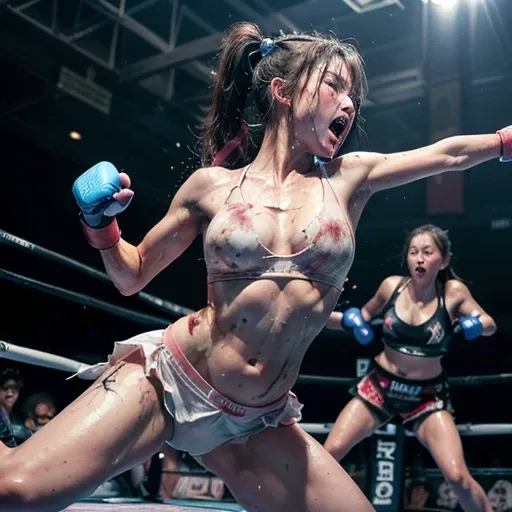 She is cornered on the fence of the underground arena by the opponent girl fighter. (((Her body is crashing into the fence of the fighting octagon ring so hard))). (((She is staggering))). ((((she is in trouble))). (((her belly has many bruises))). dynamic...