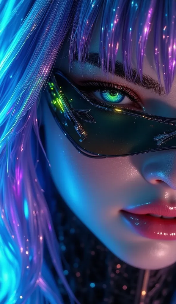 The image is an extreme close-up of a female character’s face, set in a futuristic cyberpunk world. Her hair, now a shimmering iridescent violet, frames her face in sleek strands that glow subtly at the edges, enhancing the synthetic sheen of her skin. Her...