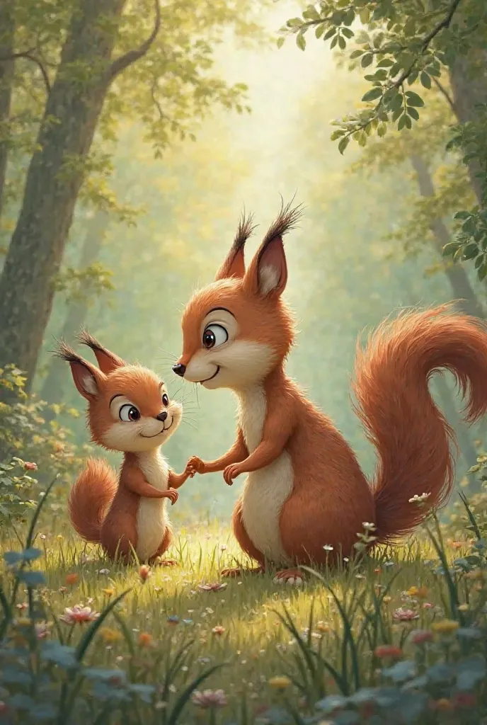 The Lost Little Squirrel

As the animals gathered, a small voice cried out, "Help! I'm lost!"

It was Nibbles, the youngest squirrel, with tears in his eyes. He had wandered too far from his family while searching for acorns.

Pip fluttered to his side. "D...