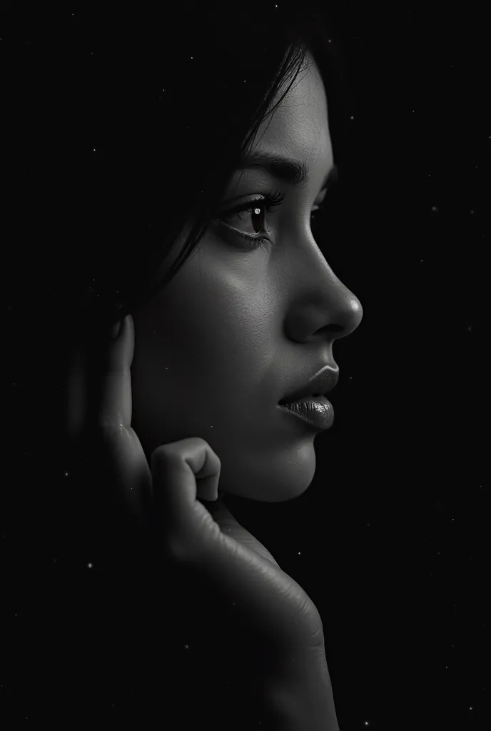 A woman with her hand on her face looking into the void and observing, a very realistic black and white image 