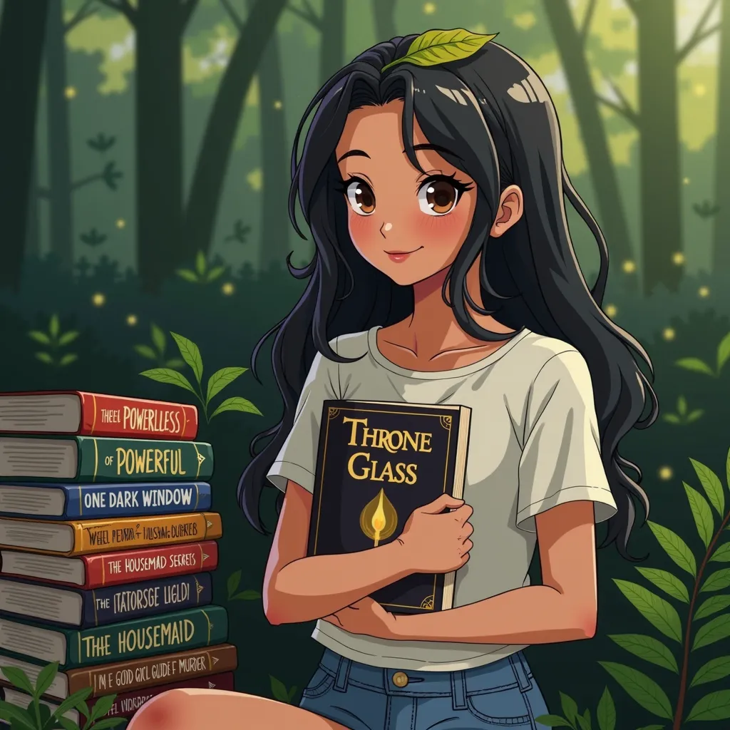 Ok make an anime 18 year old Filipino woman with a small leaf resting on the top of her head. Surrounded by nature with the book (A Throne of Glass) in her arms and a stack of books to her left that include the titles (Powerless), (Powerful), (One Dark Win...