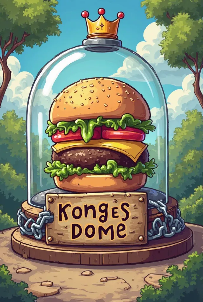 Generate a cartoon-style illustration. Show a hamburger inside a glass dome, with a small crown on the top. The dome is protected with chains or a system of advanced security. On the front of the dome, there is a sign with a name that identifies the brand ...