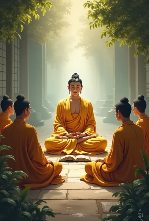 The Buddha is teaching the sutras to the disciples