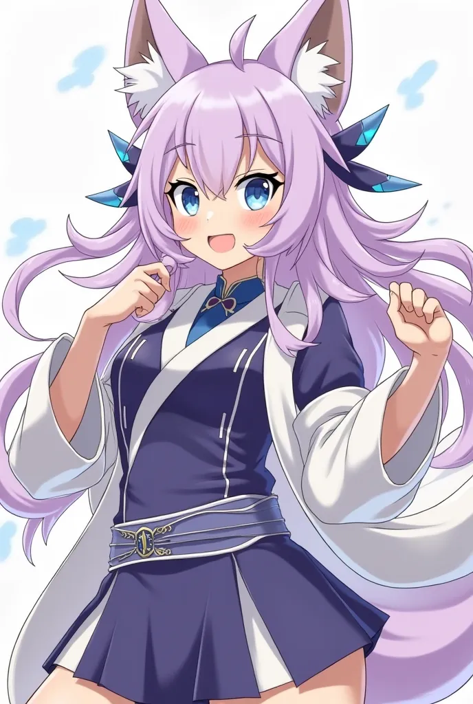  colored hair: Purple Clothing
Eyes :light blue(like Tenseigan) torn like a dragon, Kyubi :Like the one by Toji Fushiguro
Distinctive features :marks like those of Sukuna,9 fox tails and ears
Expression and pose :playful and in combat pose

