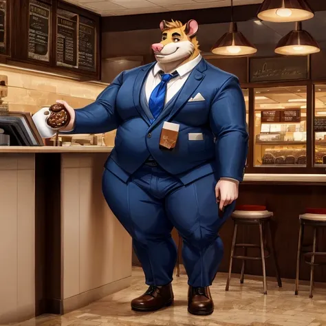 1 adult, male fat possum dressed as a banker, has a huge butt (larger),  fat arms and legs ,  pants,  the puma is standing inside a cafeteria , He's buying a medium cup of coffee and a chocolate donut..