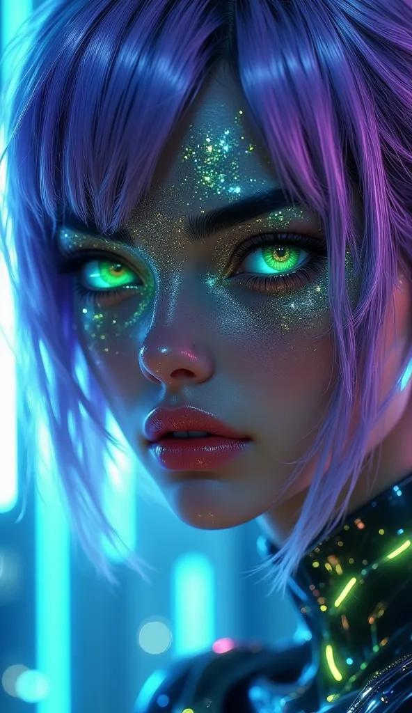 The image is an extreme close-up of a female character’s face, set in a futuristic cyberpunk world. Her hair, now a shimmering iridescent violet, frames her face in sleek strands that glow subtly at the edges, enhancing the synthetic sheen of her skin. Her...