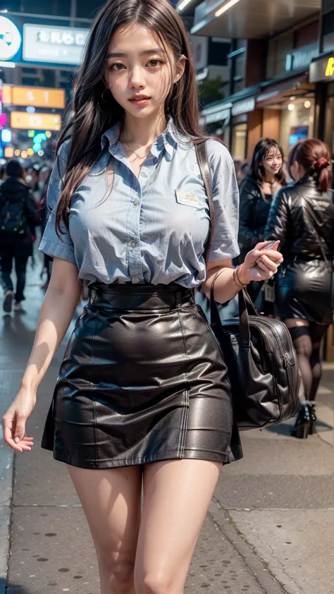 A beautiful, 24-year-old Japanese woman with perfect anatomy, healthy thighs, beautiful legs, beautiful skin, random hair color and style, large breasts, (wearing a flight attendant uniform with a mini-skirt:1.3), (she is standing:1.2), full body shot, pum...