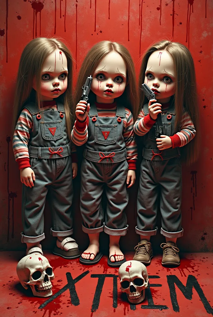 A blood-filled background with 3 dolls each holding a gun pointed at their heads and all filled with blood and written on the ground XTZ TREM in black with 2 skulls on the ground in the lower left corner and 2 people upside down on a rope