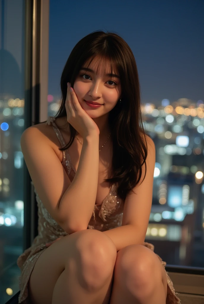 "A fair-skinned woman with long black hair sits by a tall window with a glowing cityscape in the background at night. She wears a shimmering short dress with soft feather accents on the top. The camera captures her from a slightly tilted angle, showcasing ...