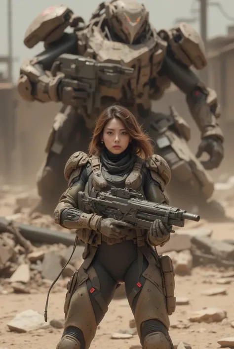  Realistic Near Future  、 realistic expression、   in the Dust  、 A beautiful Japanese woman from the Allied Special Forces is in front of a large combat robot that was destroyed、is looking at me、 Damaged battle suit 、Futuristic headgear、large blaster gun、 ...