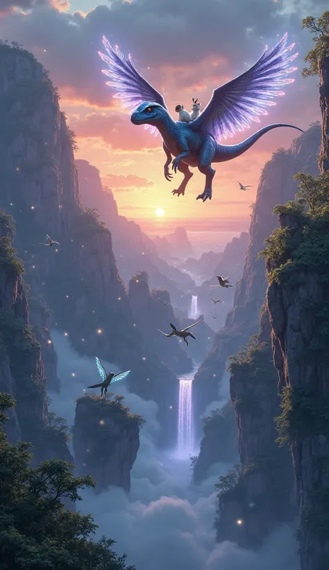 "In a breathtaking, otherworldly scene reminiscent of the floating mountain passes from the movie Avatar, dinosaurs and rabbits—now the best of friends—soar gracefully through the sky. Towering, moss-covered cliffs and floating rock formations covered in g...