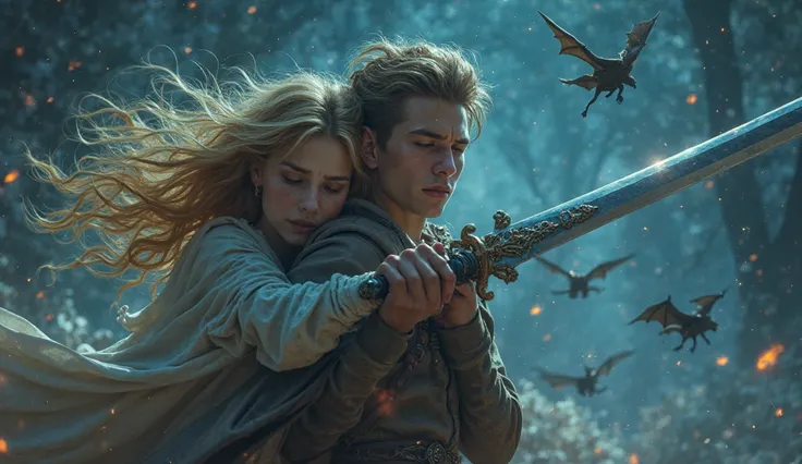  fantasy。Attacked by many flying demons、A young man who hugs a beautiful blonde woman crying and closes her eyes while fighting with a sword with an angry face。Stars that shine like crystals at night。4K