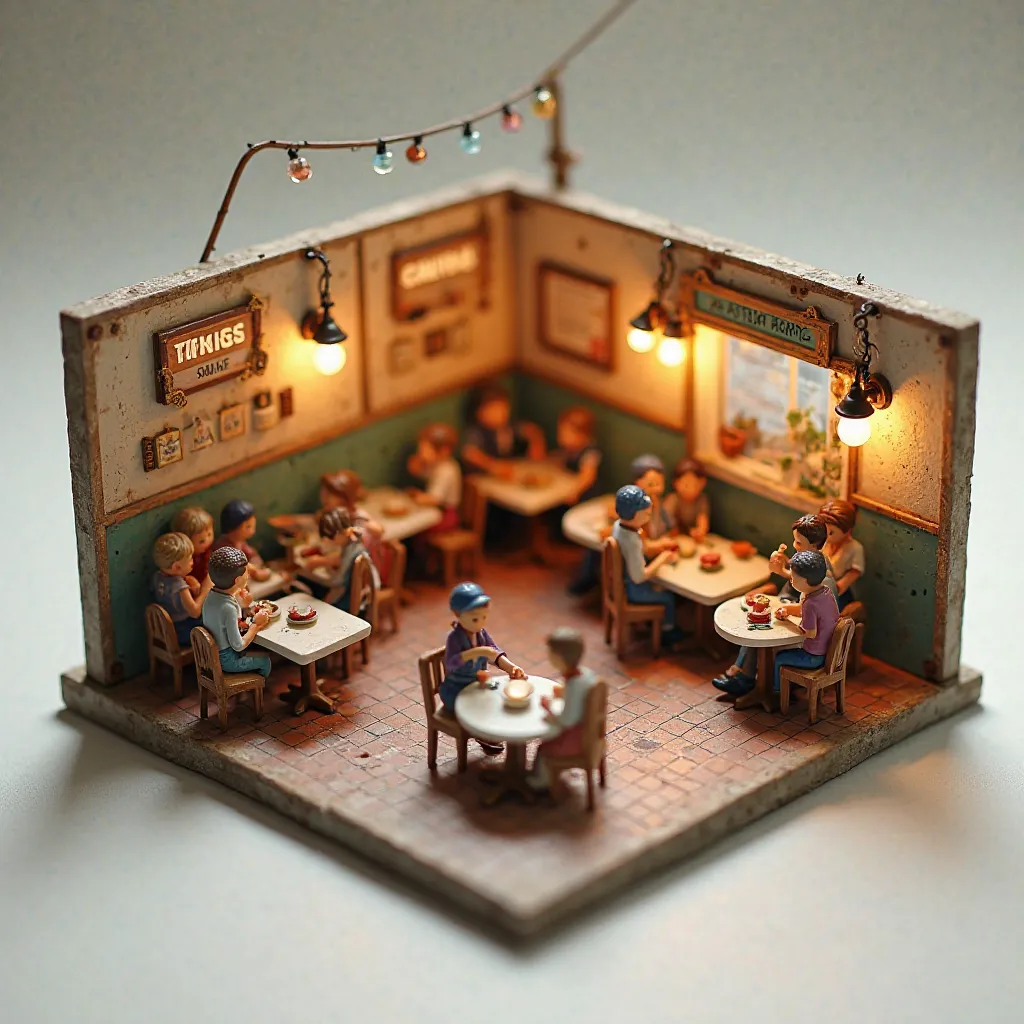 Dollhouse-sized miniature restaurant。isometric