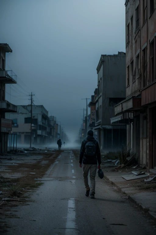 Man walking down a street in an abandoned town with very deteriorated vehicles buildings without light very sad and with a lot of fog (( photographic quality in 4k))