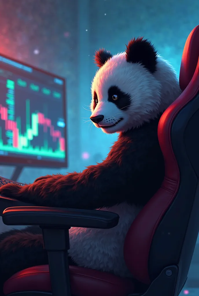 anime, Adult panda ,  discreet smile background, traits of an intelligent and clever person, sitting in a gamer chair, with a large screen in the background where you can see images of bitcoin trading operations 