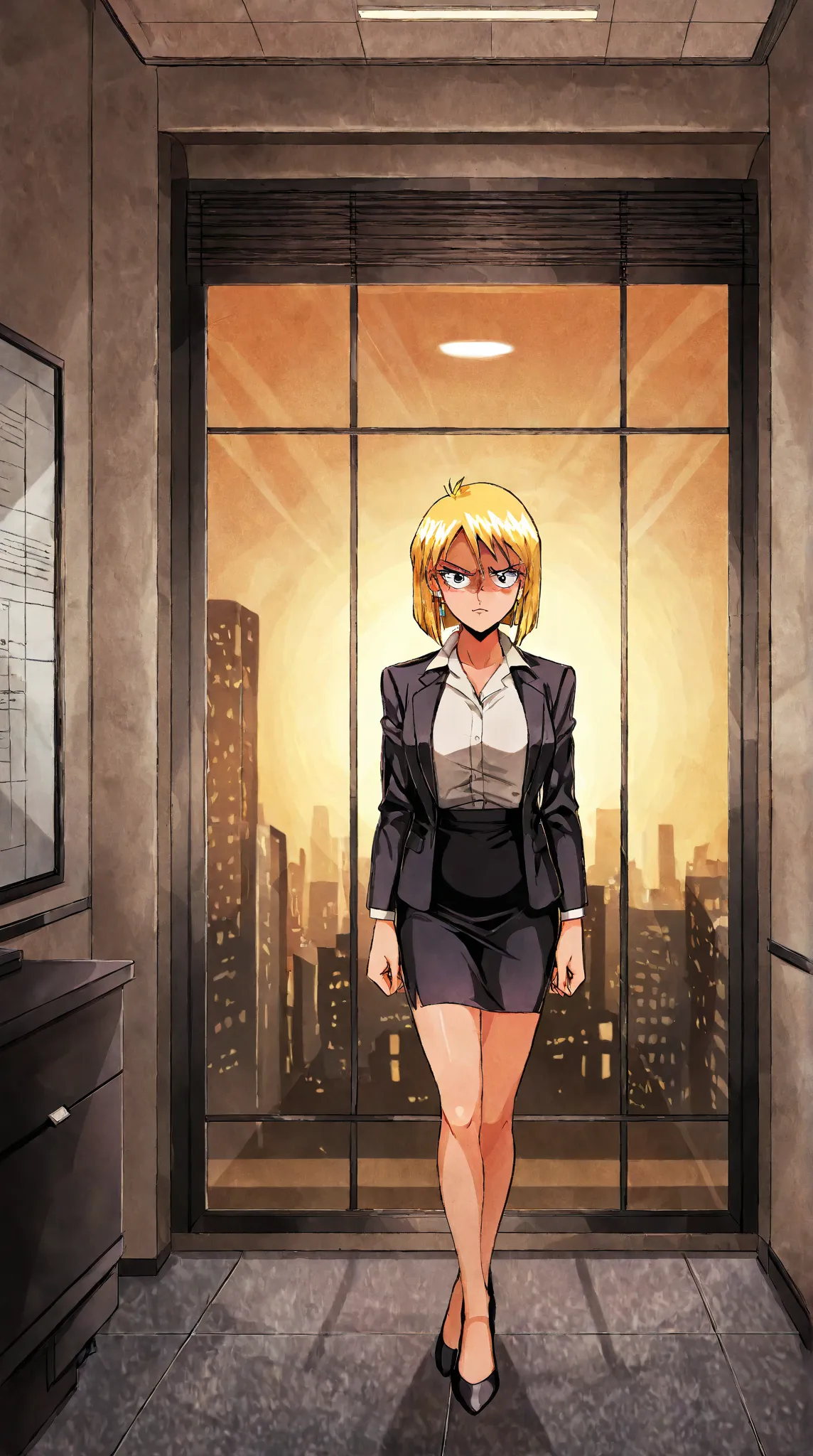 EVIL BLONDE HAIRED BUSINESS WOMAN WEARING A BLOUSE WITH A BLACK SKIRT SUIT 90s anime art style 