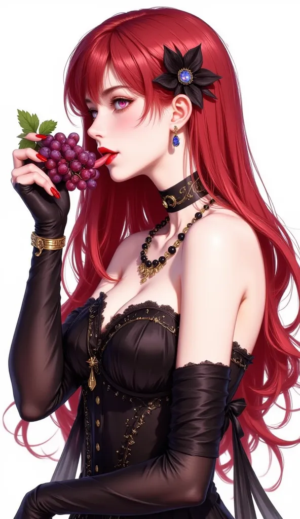 CabPTN, 1girl, solo, red hair, very long hair, pink eyes, nose, mature female, tongue out, grapes, holding food, licking, saliva, ambiguous red liquid, cocktail dress, bead necklace, bare shoulders, black ribbon, black shawl, upper body, bridal gauntlets, ...