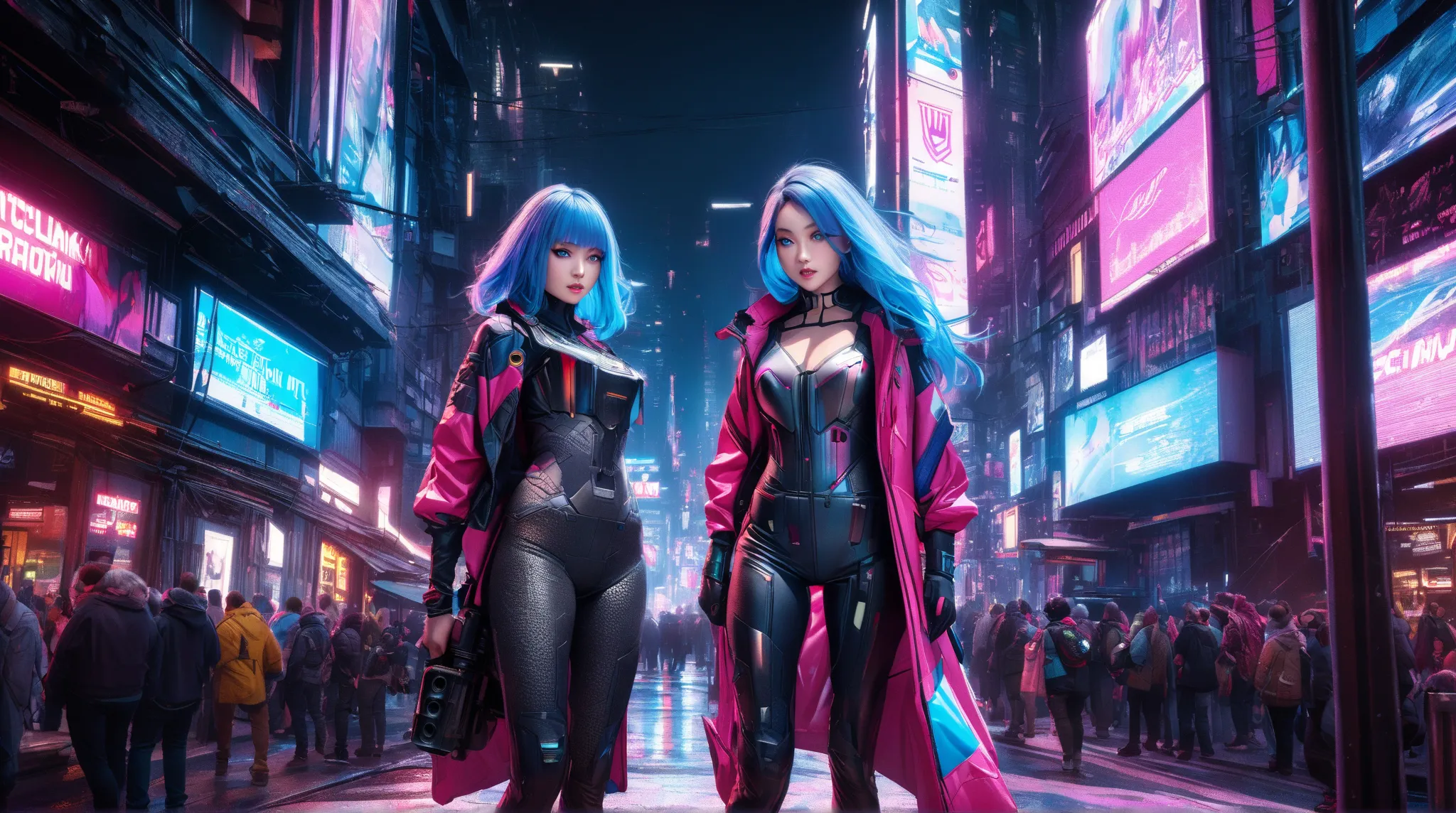 8k, hyperrealistic, photorealistic, intricate details, no low quality, extremely detailed, ultimate detail, surreal detail, finely detailed skin, cyberpunk and sci-fi world, a cyberpunk female standing in a night city in 2300 AD, vibrant blue medium hair, ...