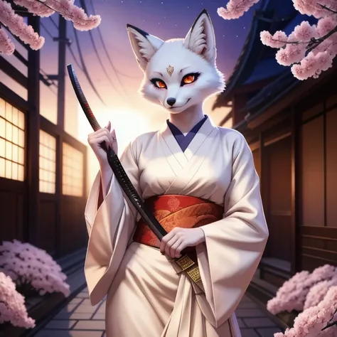 (masterpiece, best quality:1.2), 1girl, solo, fox girl, white fur, white kimono, holding katana, serene expression, fluffy tail, traditional Japanese setting, cherry blossoms, glowing eyes, elegant pose, intricate details, soft lighting, ethereal atmospher...