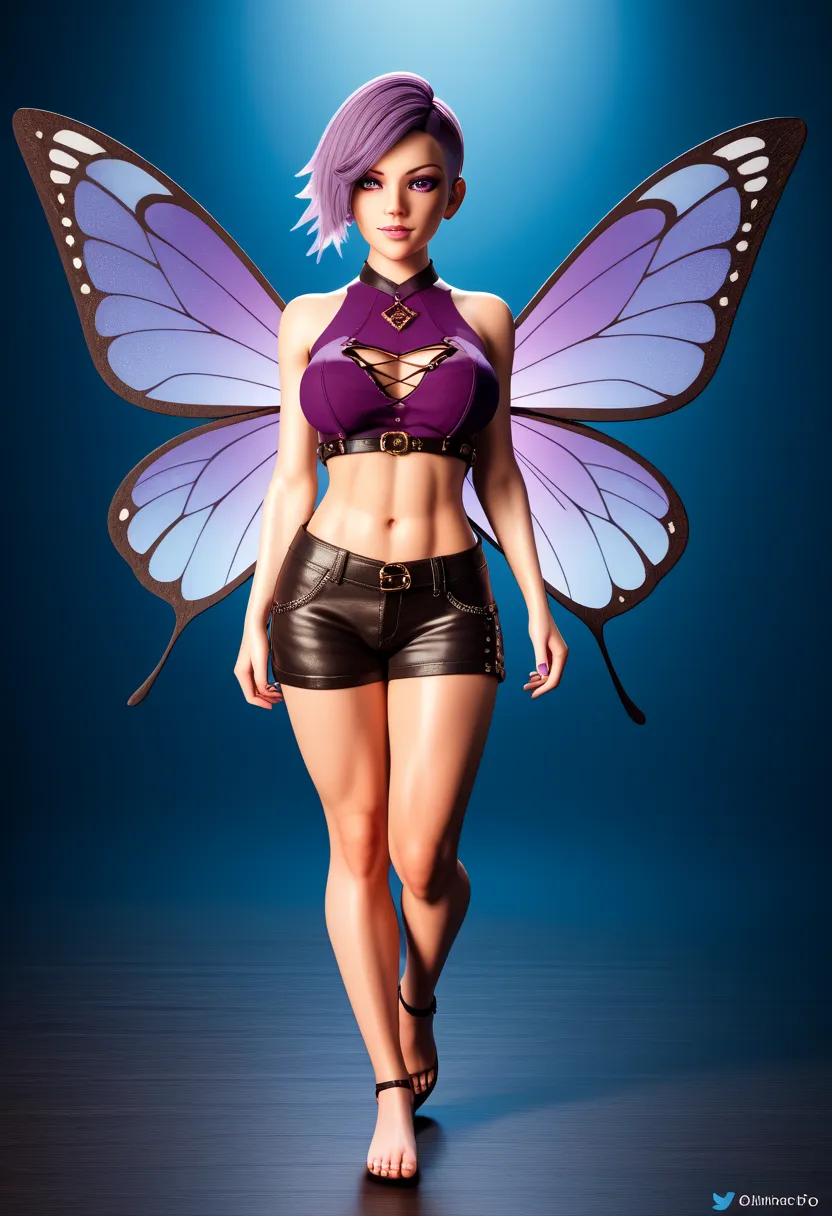 Solo, Female, Butterfly Wings, Sleeveless Pirate Style crop Top, Short Cut Off Leather Shorts, breasts apart, Emerald Gemlike Eyes, Amethyst Purple Gem Colored Long Hair, Tan Skin Color, full body image, Five foot Eleven in Height, Side Set above average b...