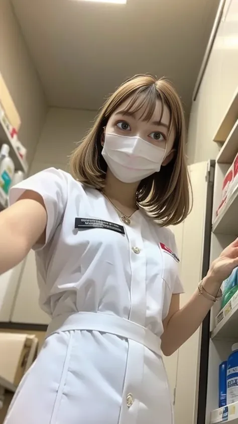 ((薄緑色のnurse uniform:1.1、nurse cosplay、dress))、Medium breast、 layer style、blond hair、Straight Bob Hair、smile、white rubber gloves、(White Mask:1.3)、smile、Standing in front of the medicine cabinet、greatest masterpiece:1.2、highest quality、Raw photo quality、supe...