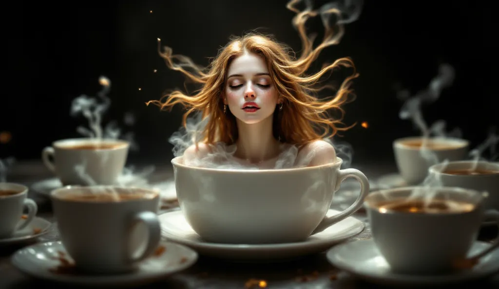 A mystical figure emerges from a pristine white cup, cups of coffee swirling around her as she takes a sip from her hand, eyes closed in bliss. Her flowing hair resembles rich coffee flowing, blending with the splashes around her. Wisps of warm, golden lig...