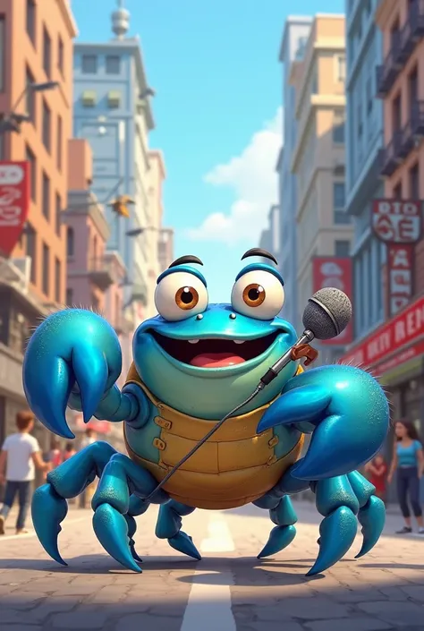 Happy animated blue crab in the city being a reporter with microphone 