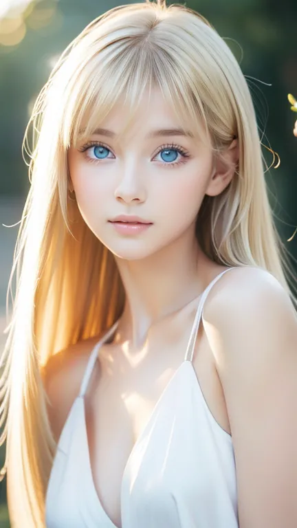 A beautiful girl with super long blond hair and bright light blue eyes is taking pictures, Gorgeous young age model ,  portrait of Sophie Mudd , Beautiful girl model,  cute beautiful girl , とてもBeautiful youngい女の子,  showing off her chest , beautiful girl, B...