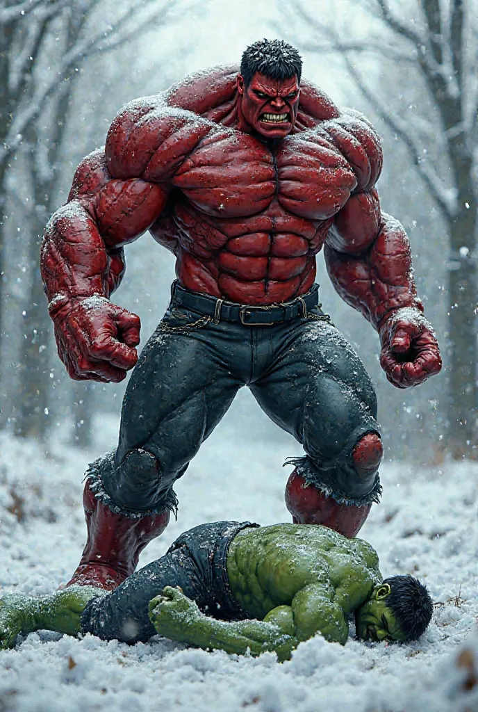 A red hulk who is standing angrily in a snowy place showing his power and under his feet a green hulk is lying injured on the ground and it seems that the Venom has defeated the green hulk by killing him.