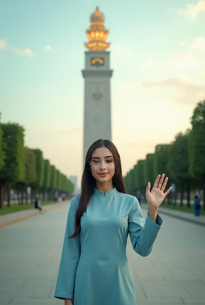 "A young woman with glasses and a light blue traditional dress poses playfully in front of a beautifully lit monument at dusk. She holds her hand in a way that makes it look like she is supporting the towering structure in the background. The monument has ...