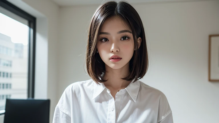 A photorealistic portrait of a 2025 woman wearing a perfectly tailored, crisp white shirt. The shirt is slightly oversized, a popular trend in 2025, with a minimalistic, effortless look. Her sleek, straight hair is styled in a modern bob cut, and her makeu...