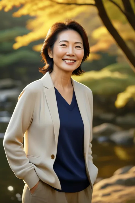 Beautiful middle age japanese woman smiling happy, in modern casual clothing