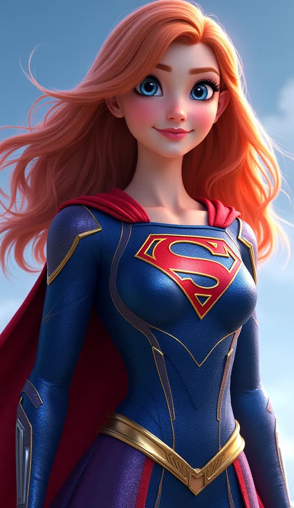 Create a fusion between Ana, From Frozen , e Supergirl, mixing Ana's courage and optimistic personality with the powers and strength of Supergirl. The character must to look strong and fearless, but also radiate a warm and friendly energy.

She wears a cos...