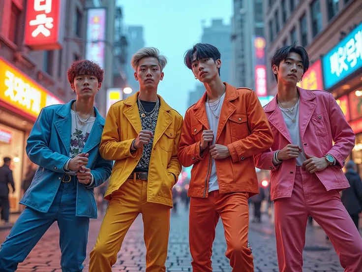 kpop boy group of 4 in colorful clothes and in a street of seoul