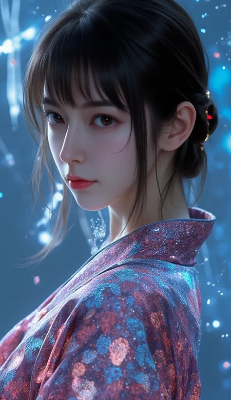 ar311.A Japanese model with long hair and bangs wearing a futuristic kimono with projected digital embroidery, designed in a cyber-traditionalist aesthetic, photographed with holographic highlights and a sleek editorial composition, featuring high-resoluti...