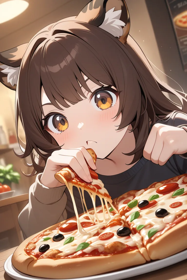 Dark brown hair　Tiger ears　 Italian Food　pizza