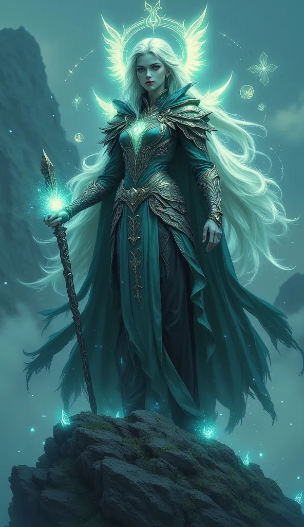 A mystical fantasy character with ethereal features, adorned in ornate enchanted armor. Their piercing eyes glow with ancient wisdom, while a flowing cape ripples with magical energy. Standing atop a misty mountain peak, they wield a staff infused with ele...