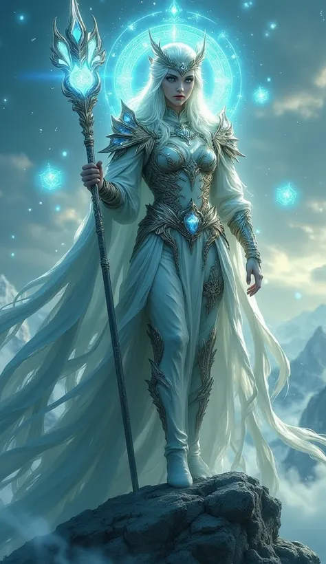 A mystical fantasy character with ethereal features, adorned in ornate enchanted armor. Their piercing eyes glow with ancient wisdom, while a flowing cape ripples with magical energy. Standing atop a misty mountain peak, they wield a staff infused with ele...