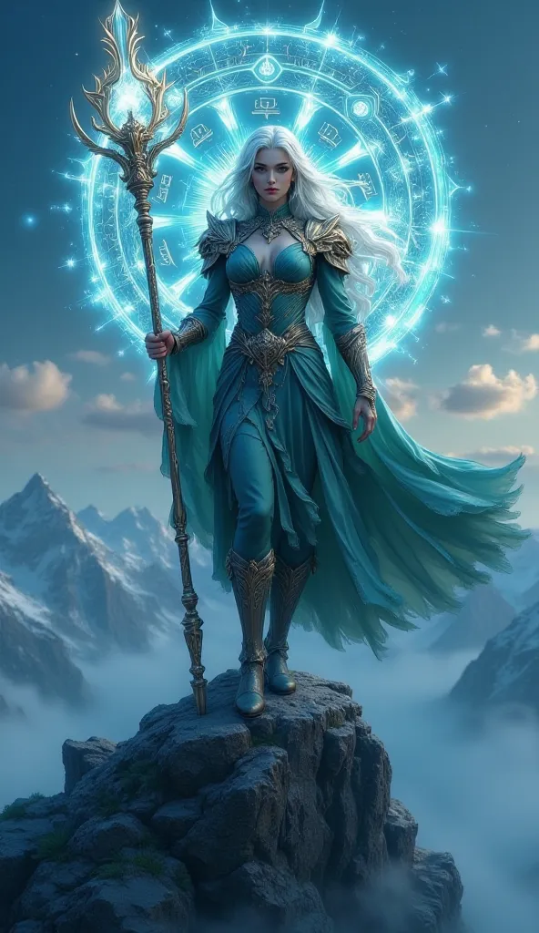 A mystical fantasy character with ethereal features, adorned in ornate enchanted armor. Their piercing eyes glow with ancient wisdom, while a flowing cape ripples with magical energy. Standing atop a misty mountain peak, they wield a staff infused with ele...