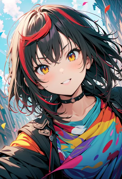 (masterpiece, highest quality, official art:1.2), (colorful), and stare at the audience, one girl, alone, white black, floating colorful water, Ultra Precise Illustrations, highly  details, Dynamic Angle, beautiful  details, 8k, break smiling amidst the co...