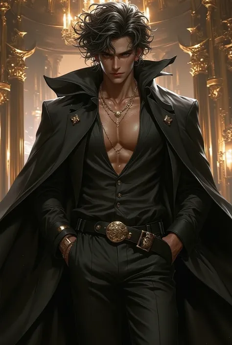 of an athletic 27, a black man, dark skin,  gray eyes, voluminous and long curly hair, man wearing gold accessories, a black cape, standing,  smile, in a palace