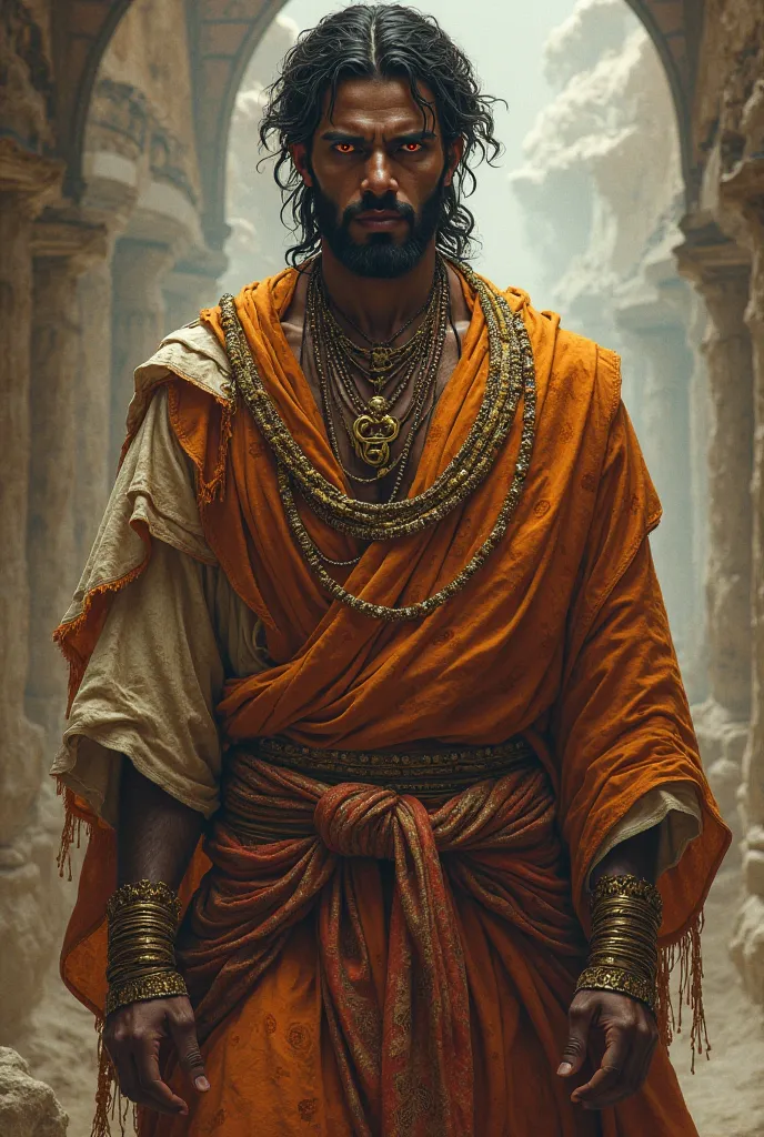 Man with dark skin, orange eyes,  loose Arabian clothing. Gold necklaces around his neck. 