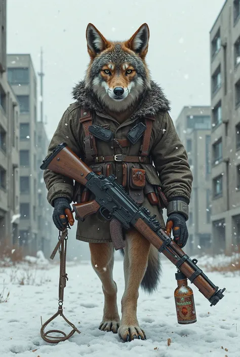 Draw me a jackal (animal) with a Russian-Soviet look in a landscape of communist architecture with an ak47 on one leg and a bottle of vodka on the other. It's snowing in the background