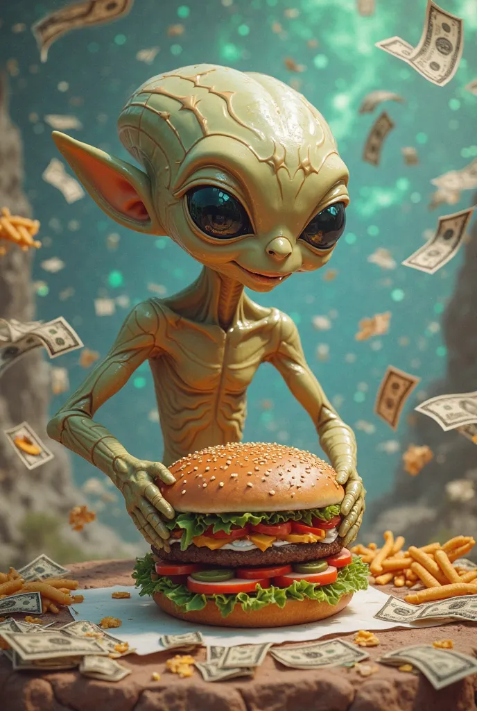 I want an alien making a hamburger and floating dollars in the background 