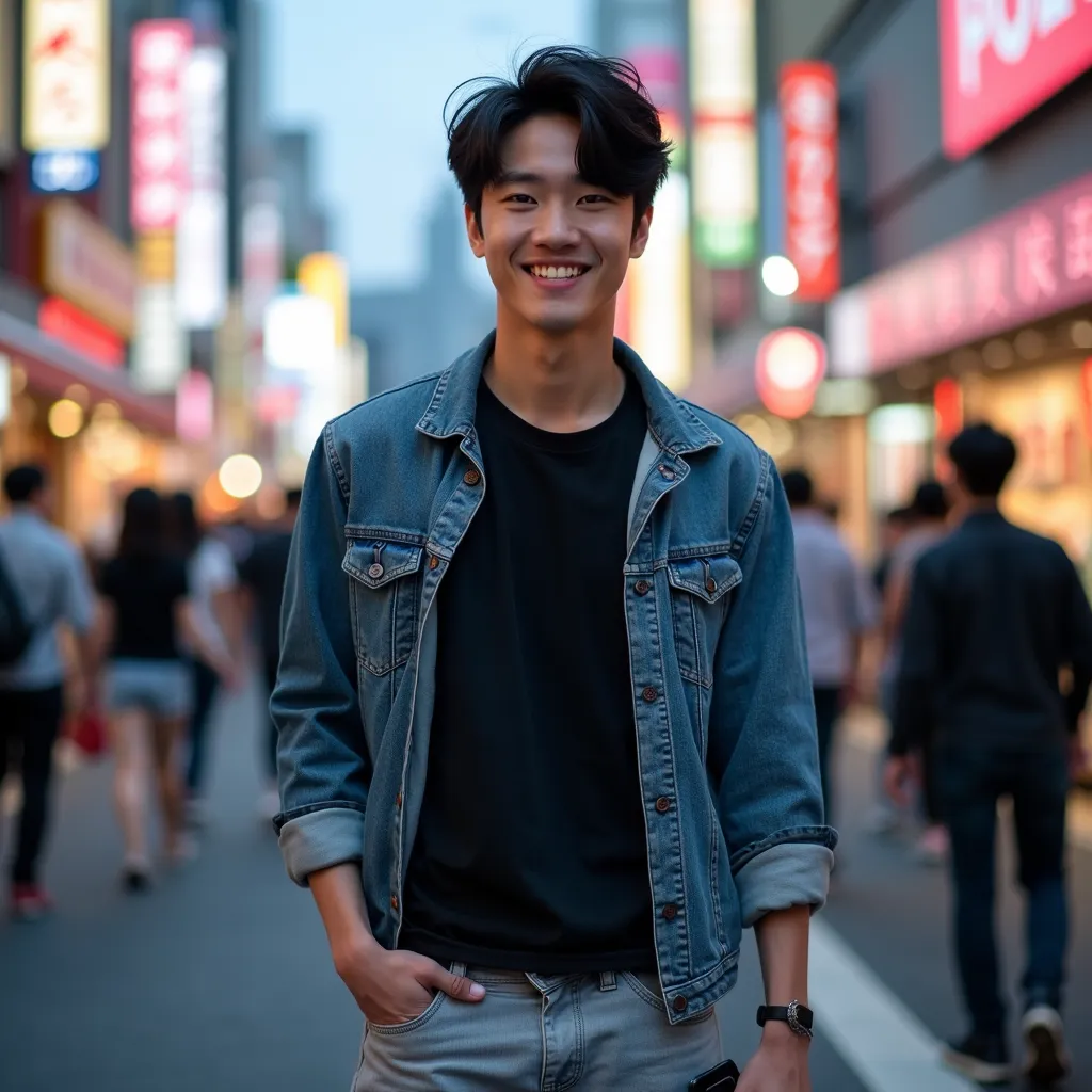 A 25-year-old Japanese man with short, tousled black hair and dark brown eyes. He has a warm, friendly smile and a relaxed demeanor. His skin is fair with a natural, youthful glow. He is dressed in a casual yet stylish outfit— a simple black t-shirt under ...