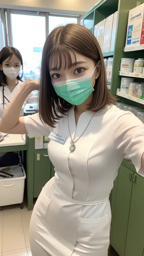 ((light green nurse uniform:1.1、nurse cosplay、dress))、Medium breast、 layer style、blond hair、Straight Bob Hair、smile、white rubber gloves、(White Mask:1.3)、smile、Standing in front of the medicine cabinet、Inside the hospital、Cinematic Writing、bright lights、gre...