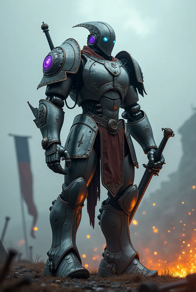 A powerful Warforged automaton standing tall, designed with an intricate fusion of medieval armor and advanced clockwork mechanics. Its body is made of battle-worn steel and dark silver, with visible rivets and fine engravings of ancient runes along its li...