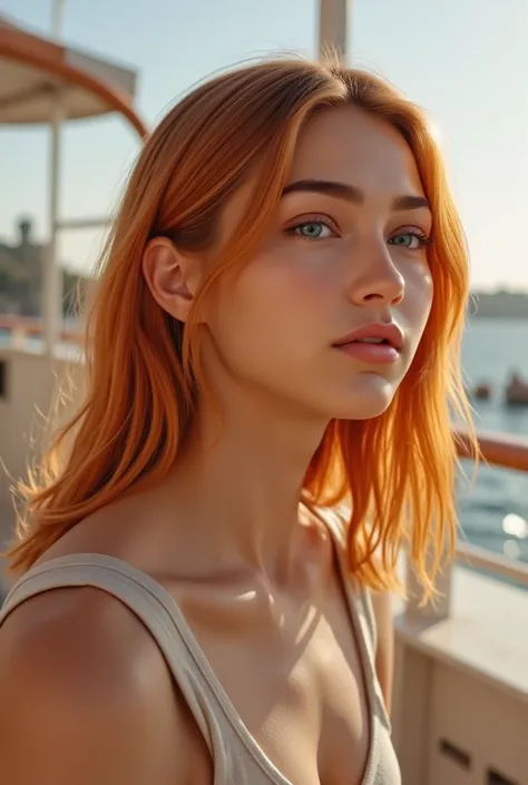 Side profile portrait of a person,
1girl,
straight hair with wavy ends, pure orange hair,
Random eyes,
Parted lips, smile
Outdoor, On Ship
Day light.