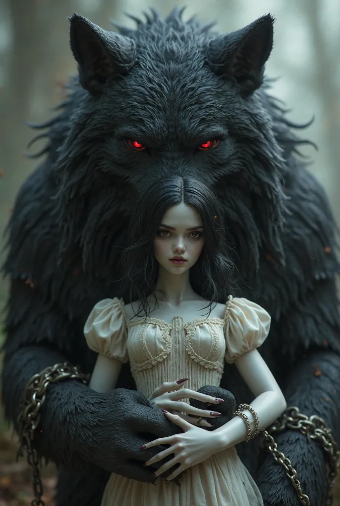 A black-haired and black-eyed porcelain doll carrying a chain with a giant, black, red-eyed furry werewolf