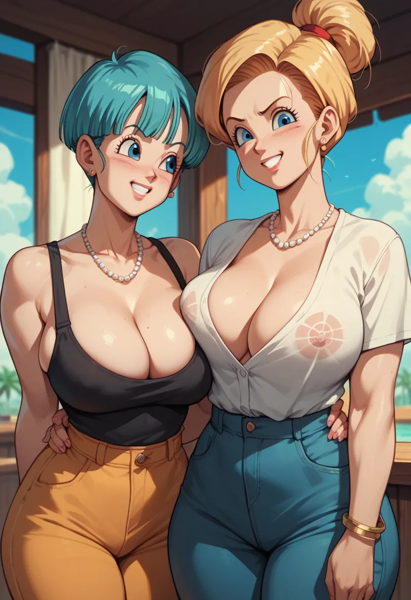 two women, on the right is bulma, milf, hot woman, big breasts, she is talking, on the left is chi chi from dragon ball z, milf they are talking